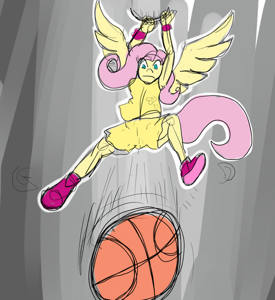 Size: 1028x1124 | Tagged: safe, artist:olympiah, derpibooru import, fluttershy, anthro, basketball, solo