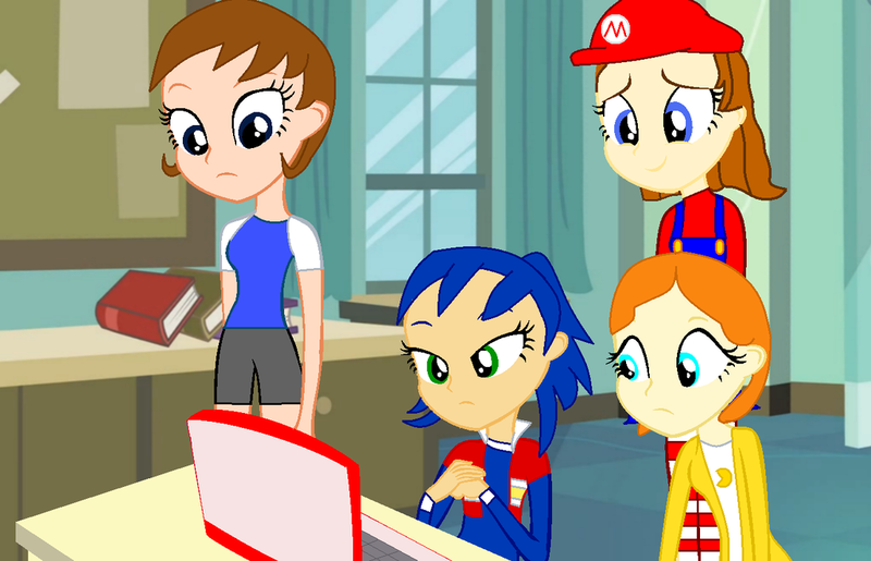 Size: 1024x659 | Tagged: safe, artist:megablaster7, derpibooru import, equestria girls, barely pony related, base used, computer, crossover, equestria girls-ified, humanized, laptop computer, mario, megaman, pac-man, rule 63, sonic the hedgehog, sonic the hedgehog (series), super mario bros.