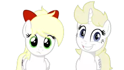 Size: 3556x2000 | Tagged: safe, artist:vectorfag, derpibooru import, oc, oc:franziska, oc:kyrie, unofficial characters only, pegasus, pony, unicorn, aryan, aryan pony, blonde, bowtie, frown, looking at you, nazipone, simple background, smiling, trace, transparent background, vector