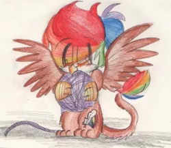 Size: 316x274 | Tagged: safe, artist:fizzbuzz3456, derpibooru import, oc, oc:rainbow feather, unofficial characters only, gryphon, chibi, cute, interspecies offspring, magical lesbian spawn, offspring, parent:gilda, parent:rainbow dash, parents:gildash, pencil drawing, playing, solo, traditional art, yarn