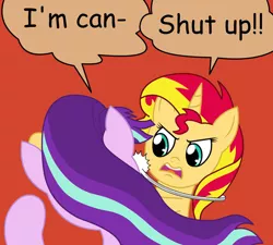 Size: 942x848 | Tagged: safe, artist:artattax, derpibooru import, starlight glimmer, sunset shimmer, pony, unicorn, abuse, batman slaps robin, canon, glimmerbuse, meme, my parents are dead, slapping, sunset vs starlight debate