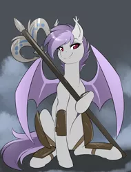 Size: 1600x2100 | Tagged: safe, artist:duskyamore, derpibooru import, oc, oc:sunny sheila, unofficial characters only, bat pony, pony, armor, commission, leather armor, mist, smirk, solo, spear, weapon, wings