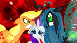 Size: 1024x573 | Tagged: safe, artist:great9star, derpibooru import, applejack, queen chrysalis, rarity, angry, watermark