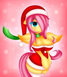 Size: 3078x3500 | Tagged: 2015, anthro, arm hooves, artist:jcace, belly button, breasts, busty fluttershy, christmas, cleavage, clothes, curvy, derpibooru import, female, fluttershy, hat, santa hat, scarf, solo, solo female, suggestive