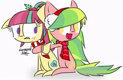 Size: 786x512 | Tagged: safe, artist:psychodiamondstar, derpibooru import, lemon zest, sour sweet, ponified, equestria girls, friendship games, christmas, clothes, earmuffs, equestria girls ponified, hug, scarf