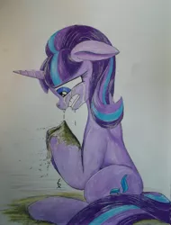 Size: 3140x4138 | Tagged: safe, artist:scribblepwn3, derpibooru import, starlight glimmer, pony, unicorn, the cutie re-mark, alternate timeline, ashlands timeline, barren, crying, implied genocide, pen drawing, post-apocalyptic, sitting, solo, traditional art, wasteland, watercolor painting, what have you done?!