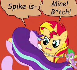 Size: 1023x919 | Tagged: safe, artist:artattax, artist:jonnydash, derpibooru import, spike, starlight glimmer, sunset shimmer, pony, equestria girls, angry, bitch slap, catfight, female, fight, love triangle, male, meme, my parents are dead, punch, shipping, sparlight, spike gets all the mares, straight, sunset vs starlight debate, sunsetspike, this will end in tears, vulgar