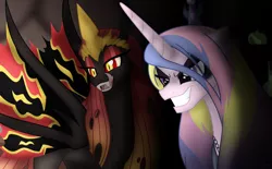 Size: 1210x750 | Tagged: safe, artist:faith-wolff, derpibooru import, princess cadance, changeling, changeling queen, pony, fanfic:the bridge, fanfic:the bridge: sound of thunder, battra, battra lea, changelingified, crossover, duo, evil, evil cadance, eyeshadow, fangs, female, godzilla (series), kaiju changeling, licking, licking lips, makeup, mare, mirror universe, mothra lea, species swap, tongue out