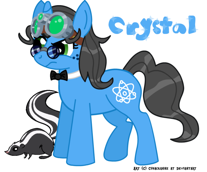 Size: 841x700 | Tagged: safe, artist:nightspeller, derpibooru import, oc, oc:crystal quartz, unofficial characters only, pony, skunk, unicorn, animal, atom, bowtie, cutie mark, female, freckles, glasses, goggles, pet, pet oc, pince-nez