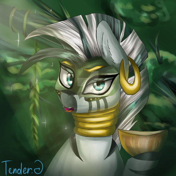 Size: 1280x1280 | Tagged: safe, artist:tendergamer, derpibooru import, zecora, zebra, the cutie re-mark, alternate timeline, chrysalis resistance timeline, everfree forest, mask, resistance leader zecora, scene interpretation, solo, watermark