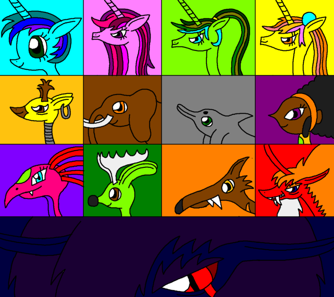 Size: 1440x1278 | Tagged: safe, artist:killerbug2357, derpibooru import, oc, oc:angelica, oc:katherine, oc:persephone, oc:seraphina, unofficial characters only, dolphin, dragon, elephant, giraffe, jackalope, pony, unicorn, wolf, 1000 hours in ms paint, ms paint