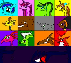 Size: 1440x1278 | Tagged: safe, artist:killerbug2357, derpibooru import, oc, oc:angelica, oc:katherine, oc:persephone, oc:seraphina, unofficial characters only, dolphin, dragon, elephant, giraffe, jackalope, pony, unicorn, wolf, 1000 hours in ms paint, ms paint