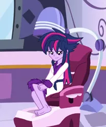 Size: 1024x1233 | Tagged: safe, artist:ferrokiva, derpibooru import, twilight sparkle, equestria girls, alternate hairstyle, barefoot, bathrobe, clothes, feet, foot fetish, punklight sparkle, robe, soles, solo, spa, toes