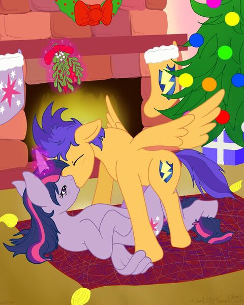 Size: 800x1000 | Tagged: source needed, useless source url, suggestive, artist:michael thompson, derpibooru import, flash sentry, twilight sparkle, twilight sparkle (alicorn), alicorn, pegasus, pony, christmas, christmas tree, female, fireplace, flashlight, hearth, hearth's warming eve, kissing, levitation, love, magic, male, mare, merry christmas, mistletoe, on back, please be gentle, rug, shipping, stallion, straight, telekinesis, tree, wreath