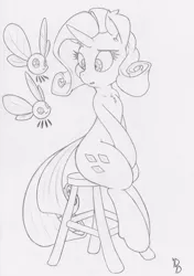 Size: 3860x5476 | Tagged: safe, artist:dfectivedvice, derpibooru import, rarity, parasprite, grayscale, monochrome, sitting, sketch, solo, stool, traditional art