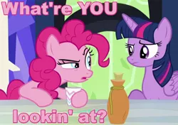 Size: 850x600 | Tagged: safe, derpibooru import, screencap, pinkie pie, twilight sparkle, twilight sparkle (alicorn), alicorn, pony, what about discord?, bottle, caption, cork, cup, drink, drinking, drunk, drunkie pie, female, frown, image macro, mare, meme, open mouth, pink text