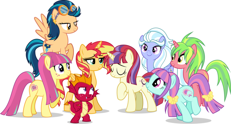 Size: 5000x2695 | Tagged: safe, artist:xebck, derpibooru import, garble, indigo zap, lemon zest, moondancer, sour sweet, sugarcoat, sunny flare, sunset shimmer, ponified, alicorn, earth pony, pegasus, pony, unicorn, equestria girls, friendship games, the cutie re-mark, absurd resolution, age regression, alicornified, alternate hairstyle, alternate universe, cute, equestria girls ponified, race swap, role reversal, shadow five, shimmercorn, simple background, transparent background, vector