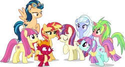 Size: 5000x2695 | Tagged: safe, artist:xebck, derpibooru import, garble, indigo zap, lemon zest, moondancer, sour sweet, sugarcoat, sunny flare, sunset shimmer, ponified, alicorn, earth pony, pegasus, pony, unicorn, equestria girls, friendship games, the cutie re-mark, absurd resolution, age regression, alicornified, alternate hairstyle, alternate universe, cute, equestria girls ponified, race swap, role reversal, shadow five, shimmercorn, simple background, transparent background, vector