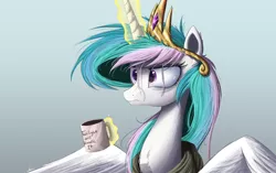 Size: 2500x1566 | Tagged: safe, artist:ncmares, derpibooru import, princess celestia, alicorn, pony, ask majesty incarnate, chest fluff, coffee, coffee mug, ear fluff, female, fluffy, food, frazzled, frown, glare, gradient background, levitation, magic, mare, messy mane, mug, solo, spread wings, telekinesis, tired, wing fluff, wings