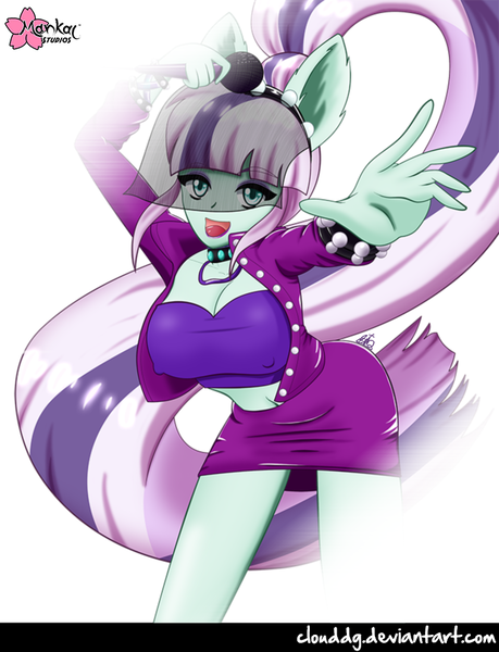 Size: 688x900 | Tagged: anthro, artist:clouddg, belly button, big breasts, breasts, busty coloratura, cleavage, clothes, coloratura, countess coloratura, derpibooru import, eared humanization, ear fluff, female, human, humanized, jacket, microphone, midriff, ponytail, skirt, solo, suggestive