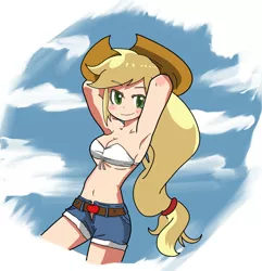 Size: 652x676 | Tagged: applejack, armpits, artist:yog, belly button, breasts, cleavage, clothes, daisy dukes, derpibooru import, female, human, humanized, midriff, pixiv, shorts, solo, solo female, suggestive, tube top, unzipped
