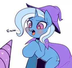 Size: 1000x944 | Tagged: suggestive, artist:maren, derpibooru import, trixie, twilight sparkle, twilight sparkle (alicorn), alicorn, pony, blushing, dialogue, disgusted, female, female focus, horn, innuendo, lewd, mare, offscreen character, open mouth, phallic symbol, pov, raised hoof, solo focus, sweat, tsundere, tsunderixie