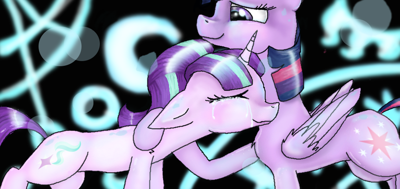 Size: 1006x477 | Tagged: safe, artist:161141, derpibooru import, starlight glimmer, twilight sparkle, twilight sparkle (alicorn), alicorn, pony, the cutie re-mark, crying, cute, eyes closed, female, hug, mare, tears of joy