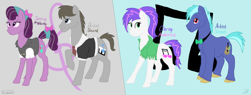 Size: 2900x1100 | Tagged: safe, artist:shimazun, derpibooru import, octavia melody, vinyl scratch, oc, oc:ardent scratch, oc:charmy ambience, oc:dulcet sound, oc:serene melody, unofficial characters only, bow, bowtie, clothes, father, mother, necktie, parent, shirt