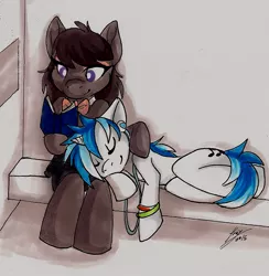 Size: 571x585 | Tagged: safe, artist:retrorodent, derpibooru import, octavia melody, vinyl scratch, earth pony, pony, unicorn, book, bowtie, earbuds, eyes closed, female, lesbian, mare, reading, scratchtavia, shipping, sitting, sleeping, smiling, wristband