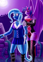 Size: 1034x1473 | Tagged: suggestive, artist:quakehoof, derpibooru import, trixie, twilight sparkle, anthro, bat pony, unguligrade anthro, vampony, series:elements of nightfall, behind you, breasts, busty trixie, busty twilight sparkle, clothes, corset, evening gloves, female, flashlight (object), gloves, gun, moon, ruins, scared, scope, story included, thigh boots, weapon