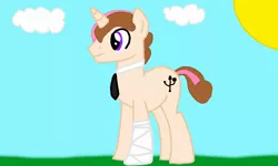 Size: 1600x960 | Tagged: safe, derpibooru import, oc, oc:edwin rimshot nappier, unofficial characters only, pony, unicorn, bandage, cloud, necktie, smiling, solo, sun, usb