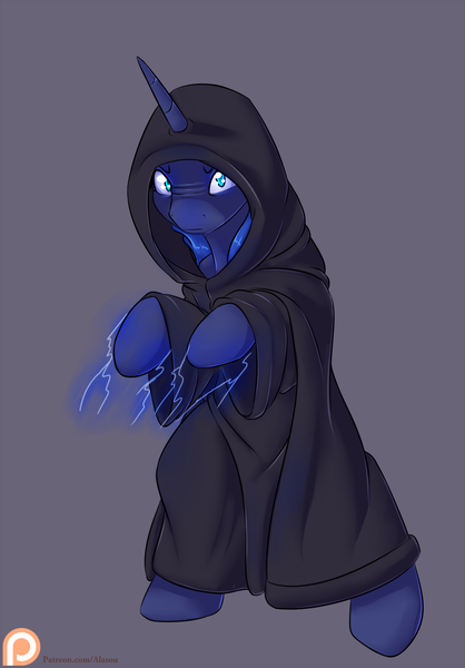 Size: 1150x1650 | Tagged: safe, artist:alasou, deleted from derpibooru, derpibooru import, princess luna, pony, bipedal, clothes, costume, darth luna, emperor palpatine, force lightning, glowing hooves, lightning, luna is palpatine, patreon, patreon logo, simple background, solo, star wars