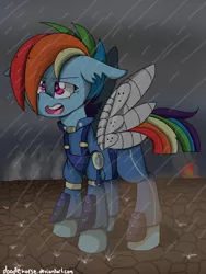 Size: 1536x2048 | Tagged: alternate timeline, apocalypse dash, armor, artist:doodlehorse, badass, crystal war timeline, derpibooru import, fire, rain, rainbow dash, safe, scar, smoke, solo, the cutie re-mark, war