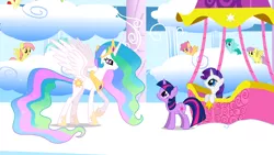 Size: 1366x768 | Tagged: safe, derpibooru import, screencap, cool star, dizzy twister, high spirits, lyra heartstrings, orange swirl, parasol, princess celestia, rarity, spring melody, sprinkle medley, starburst (character), twilight sparkle, alicorn, pegasus, pony, unicorn, sonic rainboom (episode), background pony, female, hot air balloon, male, mare, stallion, twinkling balloon, unicorn twilight