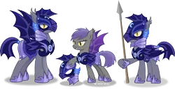Size: 3712x1900 | Tagged: safe, artist:vector-brony, derpibooru import, oc, oc:midnight blossom, unofficial characters only, bat pony, pony, alternate timeline, armor, bat pony oc, fangs, female, helmet, hoof shoes, inkscape, male, mare, night guard, nightmare takeover timeline, royal guard, simple background, slit eyes, spear, stallion, transparent background, trio, vector, weapon