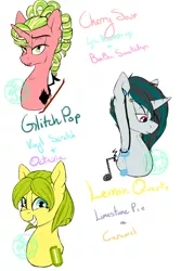 Size: 2000x3000 | Tagged: artist:farewelldecency, bust, derpibooru import, duckface, earbuds, magical lesbian spawn, oc, oc:cherry sour, oc:glitch pop, oc:lemon quartz, offspring, parent:bon bon, parent:caramel, parent:limestone pie, parent:lyra heartstrings, parent:octavia melody, parents:caralime, parents:lyrabon, parents:scratchtavia, parent:vinyl scratch, portrait, safe, transgender, unofficial characters only