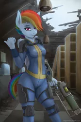 Size: 1200x1800 | Tagged: alternate version, anthro, artist:staggeredline, clothes, crossover, derpibooru import, energy weapon, fallout, female, jumpsuit, laser rifle, looking at you, pegasus, rainbow dash, safe, skintight clothes, solo, the cutie re-mark, vault suit, weapon, wings
