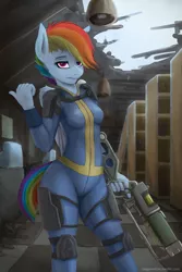 Size: 1200x1800 | Tagged: alternate timeline, alternate version, anthro, apocalypse dash, artist:staggeredline, clothes, crossover, derpibooru import, energy weapon, fallout, female, jumpsuit, laser rifle, looking at you, pegasus, rainbow dash, safe, skintight clothes, solo, tight clothing, vault suit, weapon, wings