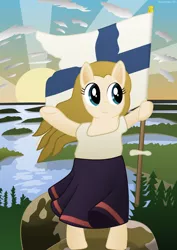 Size: 2456x3476 | Tagged: artist:techarmsbu, clothes, derpibooru import, finland, finnish maiden, flag, oc, ponified, safe, solo, sunrise, unofficial characters only