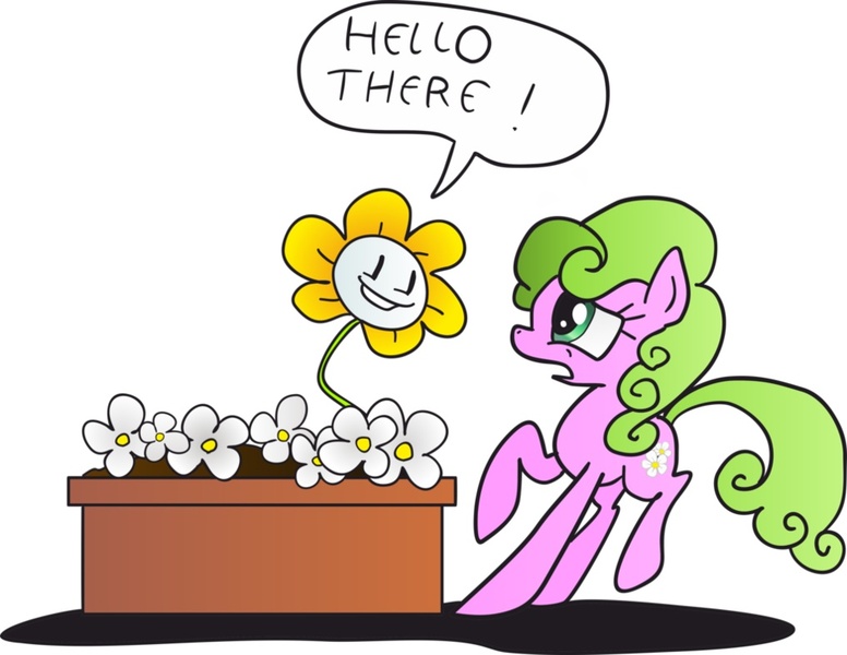 Size: 1017x786 | Tagged: artist:ilovegir64, crossover, daisy, derpibooru import, flower, flower wishes, flowey, safe, scared, simple background, undertale, wat