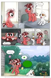 Size: 1300x2000 | Tagged: safe, artist:smudge proof, derpibooru import, oc, oc:eschaton, oc:halcyon, oc:tails, unofficial characters only, butterfly, dog, donkey, earth pony, pony, comic:heads and tails, cabin, comic, dream, foal, forest, glow, green, monolith, morning, outdoors, painting, patreon, patreon logo, scenery, tulpa