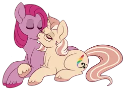 Size: 645x472 | Tagged: safe, artist:lulubell, derpibooru import, pinkie pie, oc, oc:lulubell, bubble berry, bubblini davinci berry, canon x oc, female, kissing, male, pinkamena diane pie, rule 63, shipping, simple background, straight, transparent background