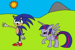 Size: 1024x681 | Tagged: safe, artist:killerbug2357, derpibooru import, twilight sparkle, twilight sparkle (alicorn), alicorn, pony, 1000 hours in ms paint, crossover, female, mare, ms paint, sonic the hedgehog, sonic the hedgehog (series), sun, why does op even try?