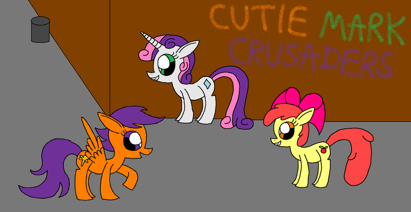 Size: 1024x527 | Tagged: 1000 hours in ms paint, apple bloom, artist:killerbug2357, cutie mark crusaders, derpibooru import, ms paint, safe, scootaloo, sweetie belle, wrong cutie mark