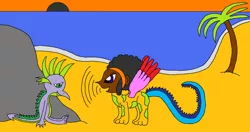 Size: 1024x541 | Tagged: 1000 hours in ms paint, artist:killerbug2357, beach, derpibooru import, dragon, grin, ms paint, palm tree, rock, safe, sand, smiling, spike, tree, unknown species, wat, why, wtf