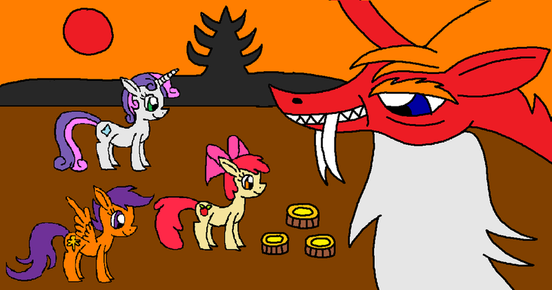 Size: 1024x537 | Tagged: 1000 hours in ms paint, apple bloom, artist:killerbug2357, cutie mark crusaders, derpibooru import, food, mooncake, ms paint, safe, scootaloo, sweetie belle, wrong cutie mark