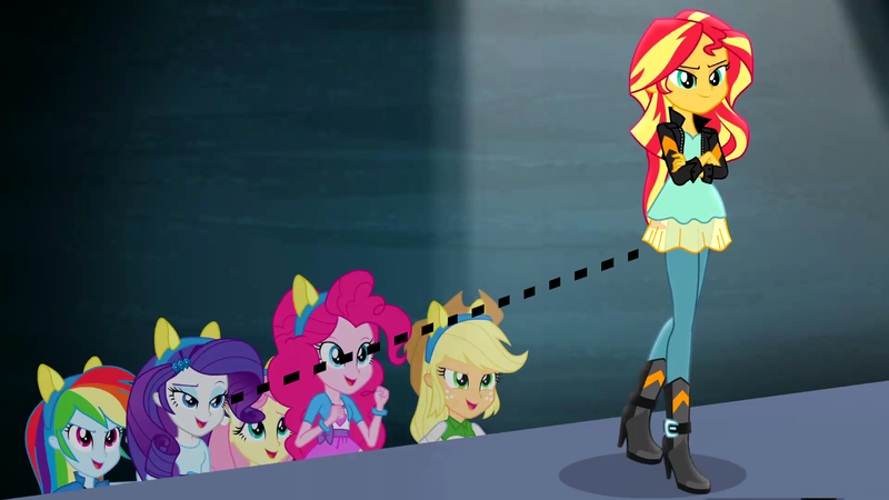 Size: 1366x768 | Tagged: safe, derpibooru import, edit, edited screencap, screencap, applejack, fluttershy, pinkie pie, rainbow dash, rarity, sunset shimmer, acadeca, equestria girls, friendship games, eyes on the prize, out of context