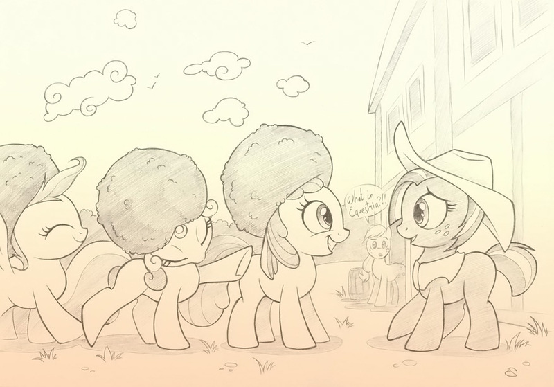 Size: 877x613 | Tagged: afro, apple bloom, applejack, artist:sherwoodwhisper, babs seed, cutie mark crusaders, derpibooru import, monochrome, safe, scootaloo, sweetie belle, traditional art, wig