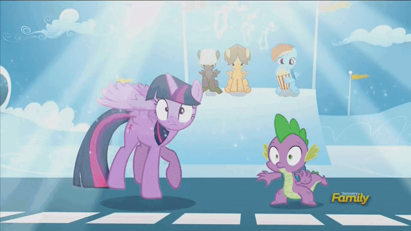Size: 1280x720 | Tagged: safe, derpibooru import, screencap, dumbbell, hoops, rainbow dash, spike, twilight sparkle, twilight sparkle (alicorn), alicorn, pony, the cutie re-mark, animated, discovery family logo, female, food, littering, mare, popcorn