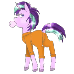 Size: 500x500 | Tagged: safe, artist:biscuitcafe, derpibooru import, starlight glimmer, pony, unicorn, ask, bubblegum, clothes, dock, food, horn ring, magic suppression, prison outfit, prisoner, solo, starlight gets what's coming to her, tumblr